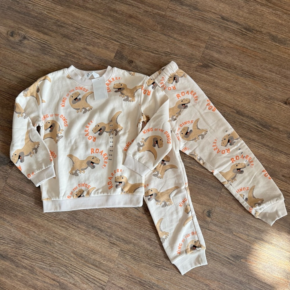 Dinosaur Print Kids Pajamas - Cream and Orange